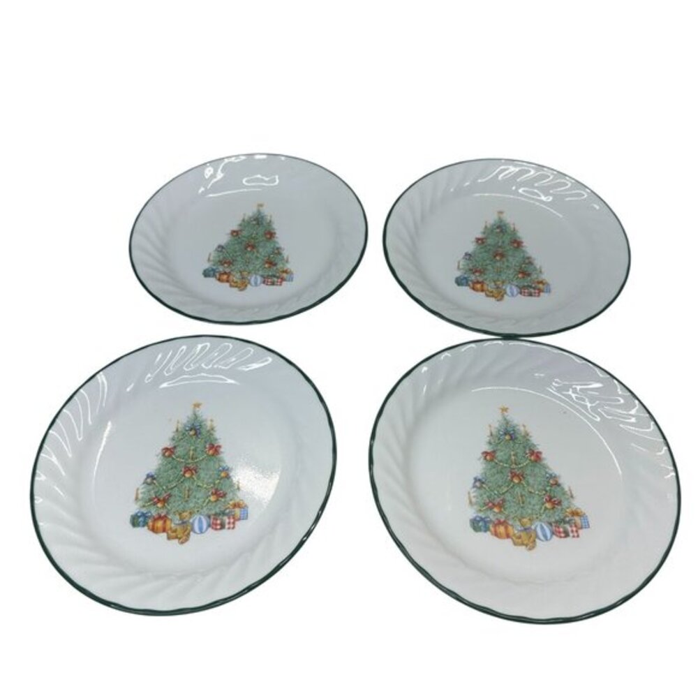 Set Of 4 Corelle By Corning Christmas Tree 7" Salad Plates Green Rim